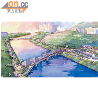 （電腦模擬圖）<br>屯門河活化工程原耗資十億元，將發展水上漂浮餐廳及水上活動中心等。