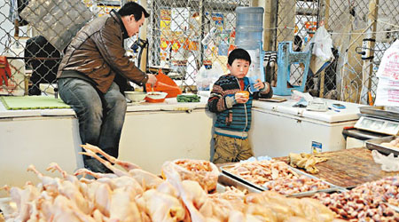 北京市面禽隻生意冷清，圖為一名雞檔檔主與兒子在檔內吃飯。（中新社圖片）