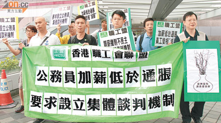 職工盟多個公務員及資助機構工會屬會昨遊行抗議公務員加薪幅度低。（梁鵬威攝）