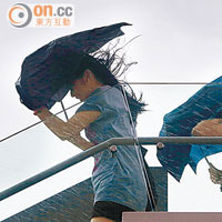 「飛燕」襲港，街上市民的雨傘也被強風吹翻。（胡家豪攝）