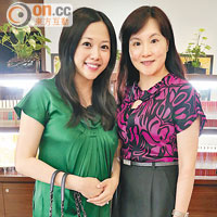 懷孕四個月嘅張雅麗（左），不忘與商人譚錦球太太譚羅筱瑩（右）分享懷胎嘅喜悅。