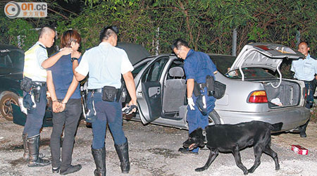 獨家圖片<br>涉案男乘客在場受查，警方出動緝毒犬搜車。（楊日權攝）