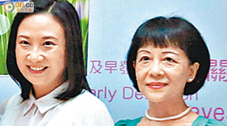 劉燕卿（右）日前由日內瓦返港，以榮譽顧問身份出席乳癌基金會活動，左為立法會議員葛珮帆。（周依露攝）