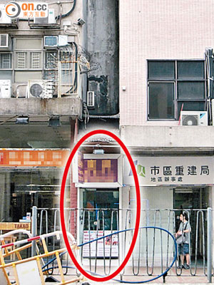 馬頭圍道有店舖僭建於兩座樓宇間空地（紅圈示），事隔多年仍未被取締。