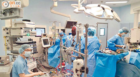 灌注師（左一）負責操作人工心肺機，將血液輸到病人全身，維持病人身體機能運作。