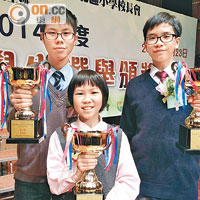 左起：林俊朗、文梓瑩及施俊源分別獲高中組、高小組及初中組的優秀學生冠軍。