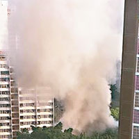 校巴在蝴蝶邨對開起火，濃煙沖天。（互聯網圖片）