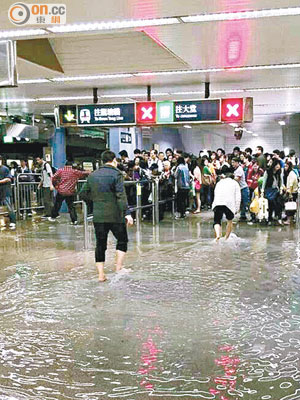 港鐵九龍塘站月台被水淹沒，乘客要脫鞋涉水而過。