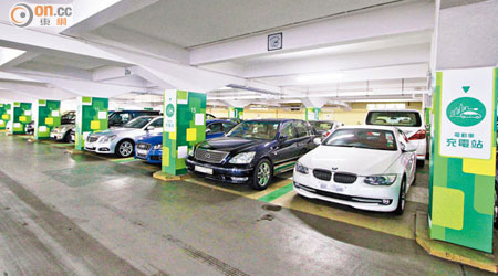 天星碼頭停車場附設有充電設施的泊車位一度被普通車佔用，令電動車無法「叉電」。（陳錦輝攝）