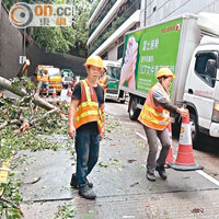 中環<br>中環雪廠街塌樹封路，工人在場清理斷枝。（吳欽旺攝）