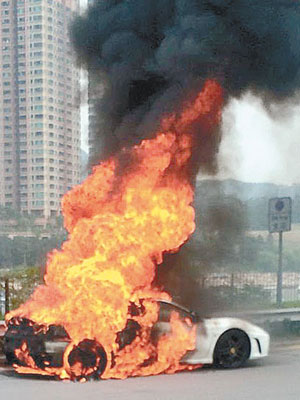 跑車「自焚」，烈燄沖天。（互聯網圖片）