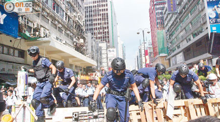 彌敦道<br>大批警員昨在彌敦道拆障清人。