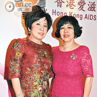 梁智鴻夫人馮令儀（右）自製紅珠仔鑽石心口針，莎莎國際副主席郭羅桂珍大讚有創意。