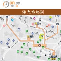 港大站地圖<br>香港大學站的行人網絡連接香港大學和西環。