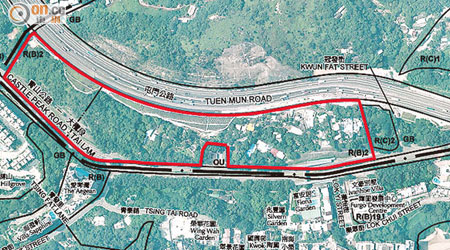 政府擬將屯門掃管笏冠發街以西的一幅「綠化地帶」（紅線圈示範圍）改劃為住宅地帶。