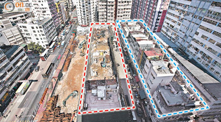 馬頭圍道塌樓重建項目（紅框示）開始五年，市建局終於宣布啟動春田街（雙數）重建項目（藍框示）。