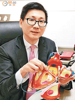 馮永康表示，導管消融術可阻截心臟組織異常「放電」。（張美蘭攝）