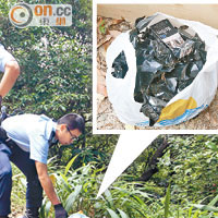 警員在百花林附近檢獲裝有黑膠紙及煙盒的膠袋。（曾志恒攝）