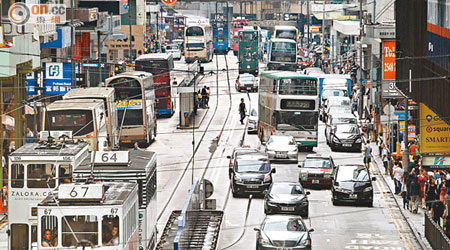 環團認為，私家車是造成德輔道中交通擠塞及空氣污染的元兇。（羅錦鴻攝）