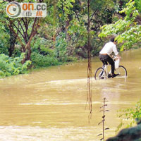 禾輋<br>途人踩單車需涉水而過。（黃永健攝）