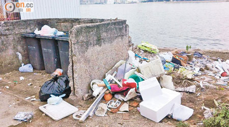 鯉魚門村的岸邊有大量垃圾堆積。(讀者提供)