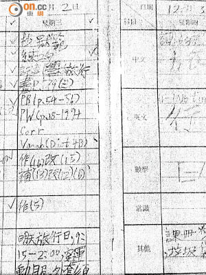 有小三學生向吳克儉呈交填得密密麻麻的家課冊資料。