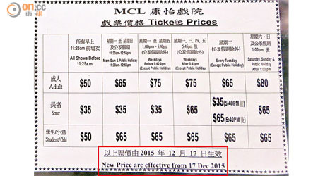 MCL昨張貼新票價，普通門票已經加價（紅框示）。