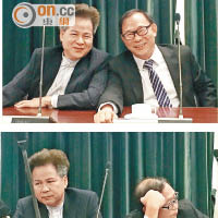 上、下圖：選舉前梁福元（左）與梁志祥（右）還有講有笑，選後則立即變臉。（周依露攝）