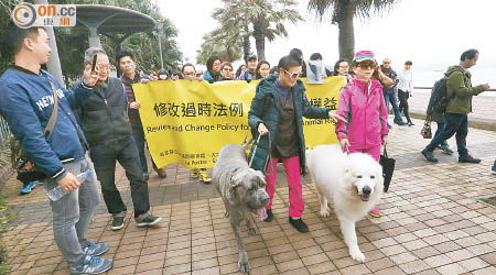 近四十名愛護動物人士昨遊行促請港府修例加強保護貓狗。（陳章存攝）