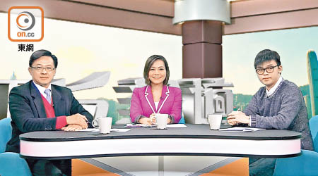 何君堯（左）與黎汶洛（右）在「ontv東網電視」節目《正反論壇》重逢，繼續辯論「開槍殺暴徒」問題。