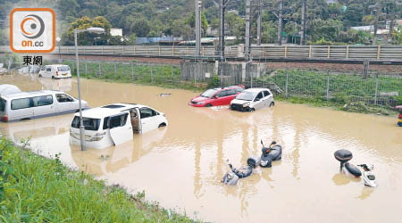 多輛汽車被水淹浸，電單車幾乎沒頂。（張世洋攝）