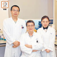 港大團隊成功改造沙門氏菌，有助抗癌。左起：于斌、黃建東及石蕾。