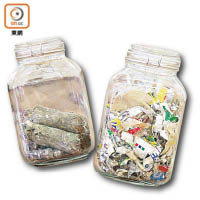 紙包飲品盒打碎後（右），可再造成廢棄物再生固態燃料（左）。