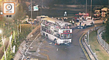 當年<BR>在○九年，一輛巴士在將軍澳尚德邨對出迴旋處失事，造成一死三十四傷。