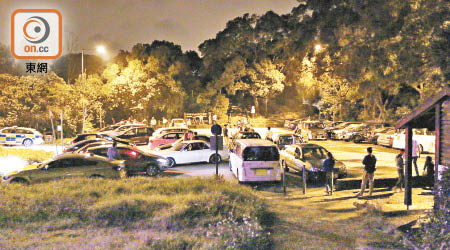 逾五十輛私家車在扶輪公園空地聚集。（林耀康攝）