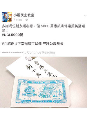 劉小麗自爆收到五千萬元陰司紙。（互聯網圖片）
