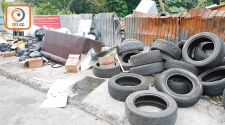 在元朗錦田公路垃圾站旁，有多條棄置廢車胎。