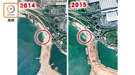 香港接線填海區海堤出現不規則變化，疑似第三度海堤外移（紅圈示）。