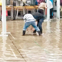 有低標準校舍於昨日黑雨期間水浸，員工忙於清理。（葉建源facebook圖片）