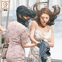 尖沙咀海旁風勢猛烈，有女士被吹得秀髮亂了，甚至連開遮亦吃力。（李志湧攝）
