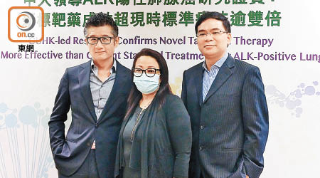 莫樹錦（左）及林國智（右）公布最新研究，證實ALK肺癌的二線藥物療效更佳。圖中為譚女士。（鍾君容攝）