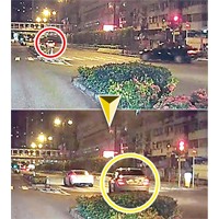 七人車（紅圈示）踩油圖擺脫尾隨黑色車（上圖）。其後灰色車（黃圈示）亦加入追截（下圖）。（互聯網圖片）