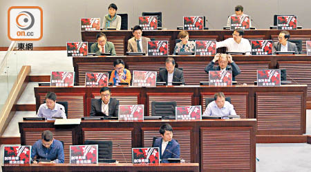 泛民議員在會議室內展示反對高鐵一地兩檢的標語抗議。