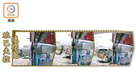 旅巴失控連環圖<br>旅遊巴倒車入車庫。（左）、撞冧指示牌再撞車行。（中）、掃毀車行招牌。（右）（讀者提供）