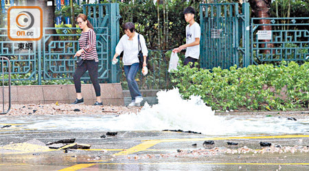 鹹水管爆裂後形成小噴泉。（胡德威攝）