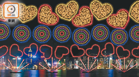 《愛在香港》會出現立體心形煙花，由2D心形圖案及內裏多個立體閃爍球組成。（模擬圖片）