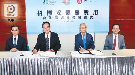發展局局長黃偉綸（左二）及市建局主席蘇慶和（右二）簽署「招標妥」優惠計劃的合作備忘錄。