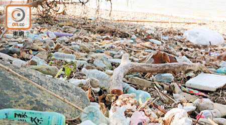 在潛水勝地西貢小棕林，石屎行人路兩旁的沙灘上，堆積不少家居垃圾。
