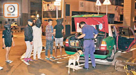 屯門<br>三名南亞裔男女被捕，警犬到場搜的士。（楊日權攝）