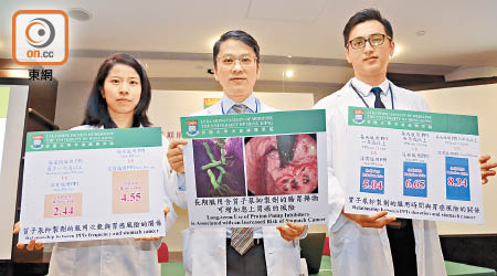 港大副教授陳慧賢（左）、梁偉強（中）及張嘉盛（右）發表研究指長期服胃藥可增患胃癌風險。